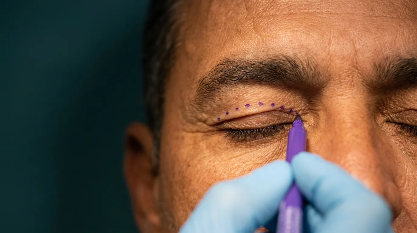 Marcação de planejamento cirúrgico sendo desenhada com caneta cirúrgica na pálpebra superior de um homem, com a mão enluvada do médico
